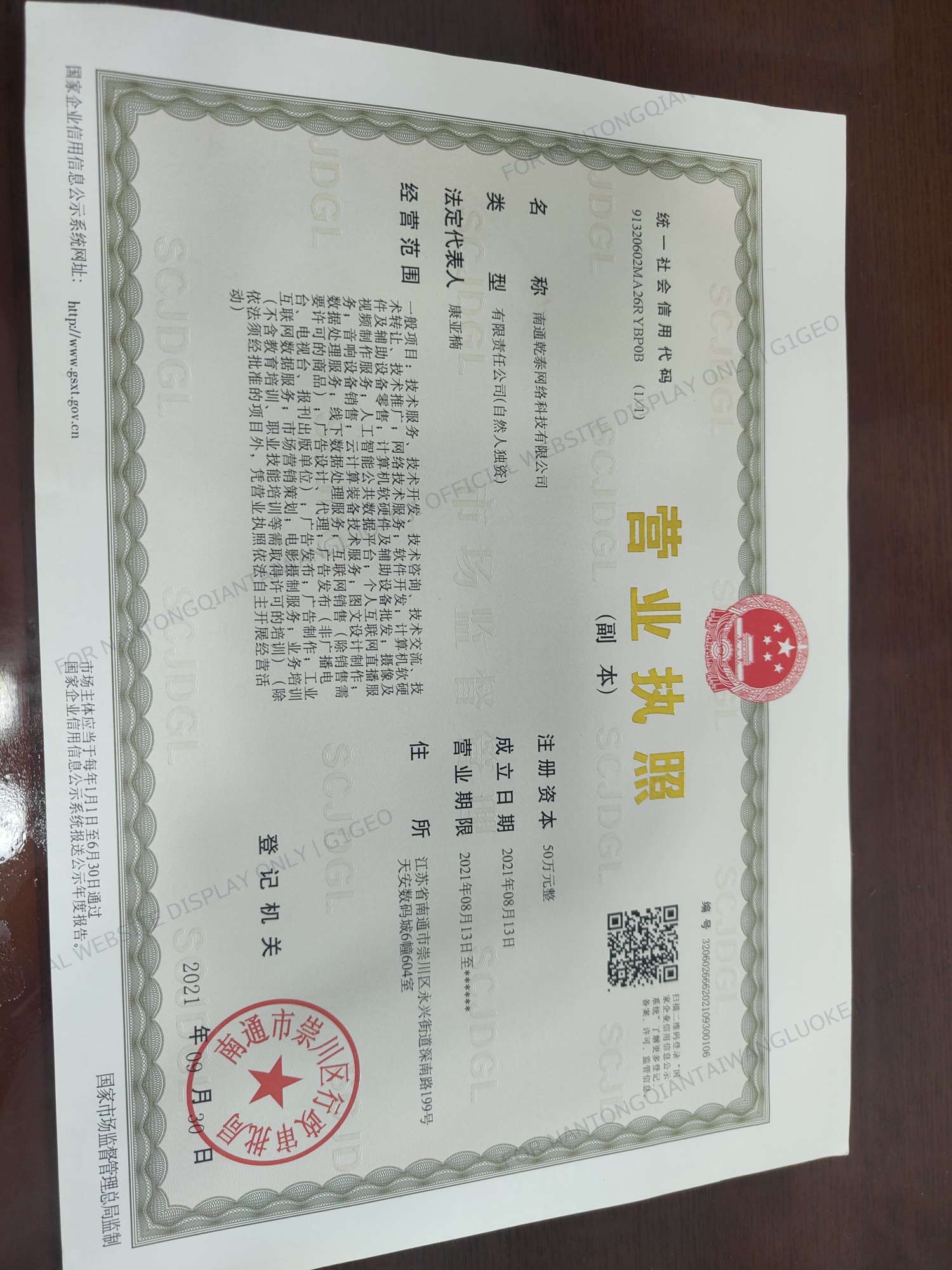 南通乾泰网络科技有限责任公司营业执照官网公示水印副本